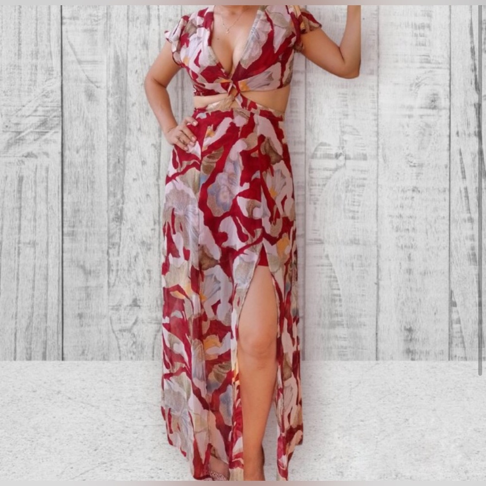 Red Floral Maxi Dress with cutouts